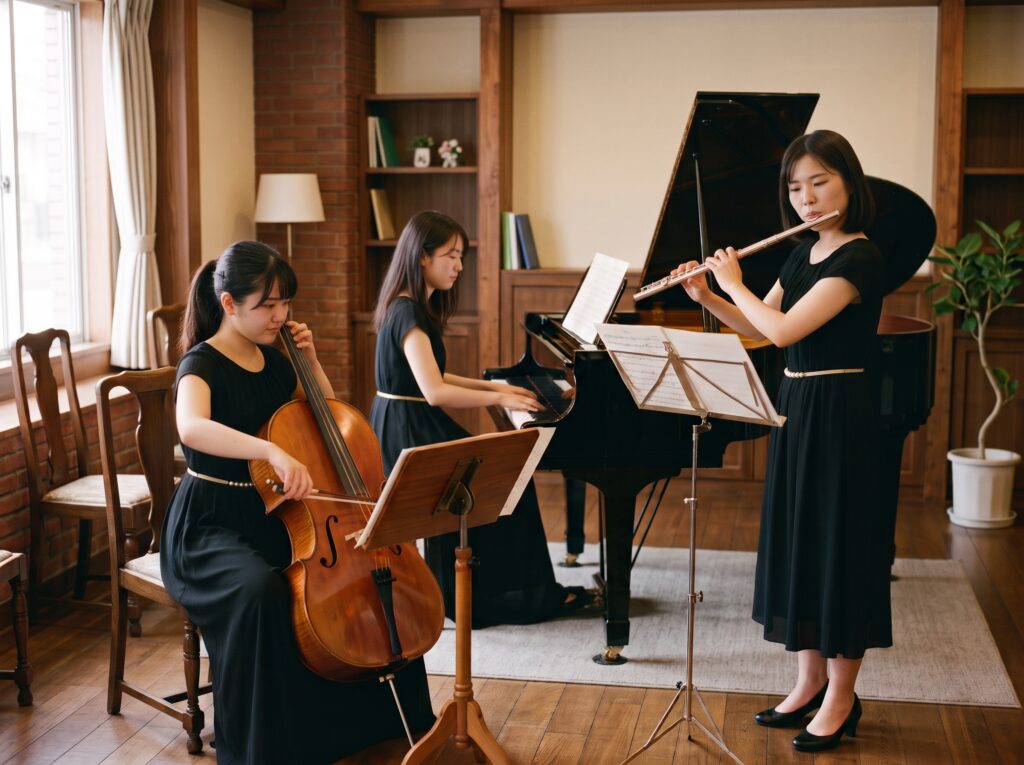 黒い衣装を着た3人の奏者がアンサンブルをしている
